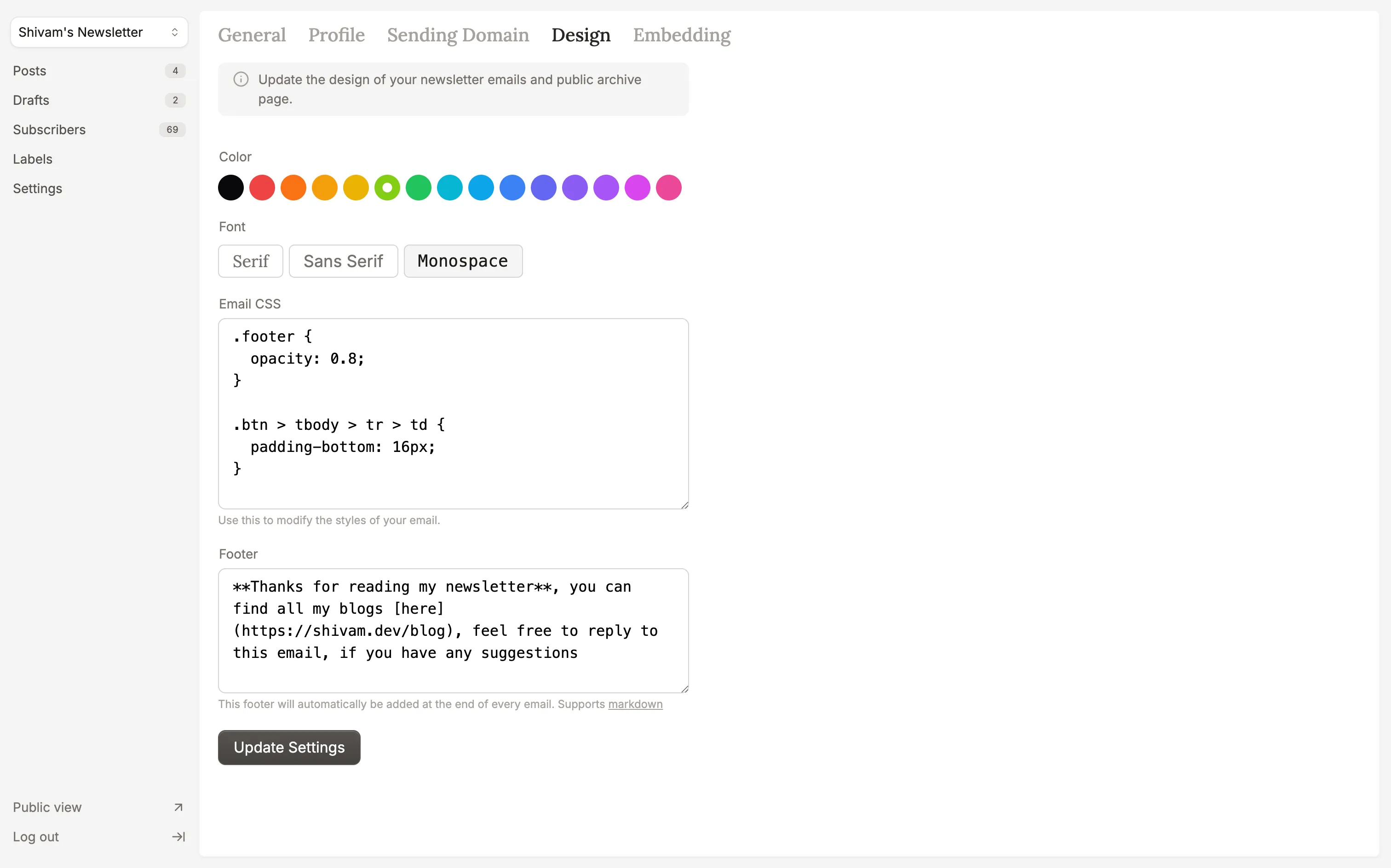 Settings page of Picoletter