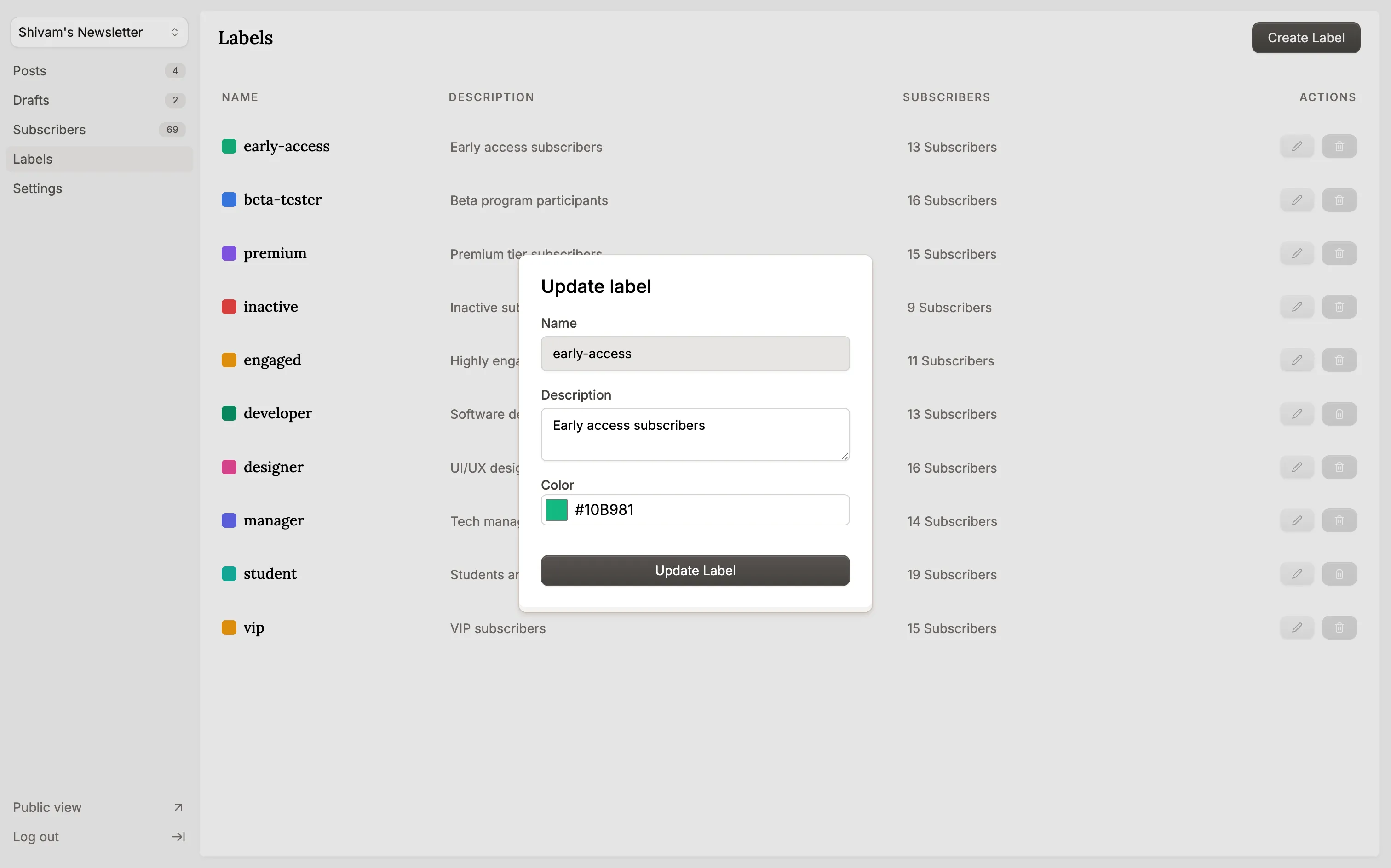 Label update interface