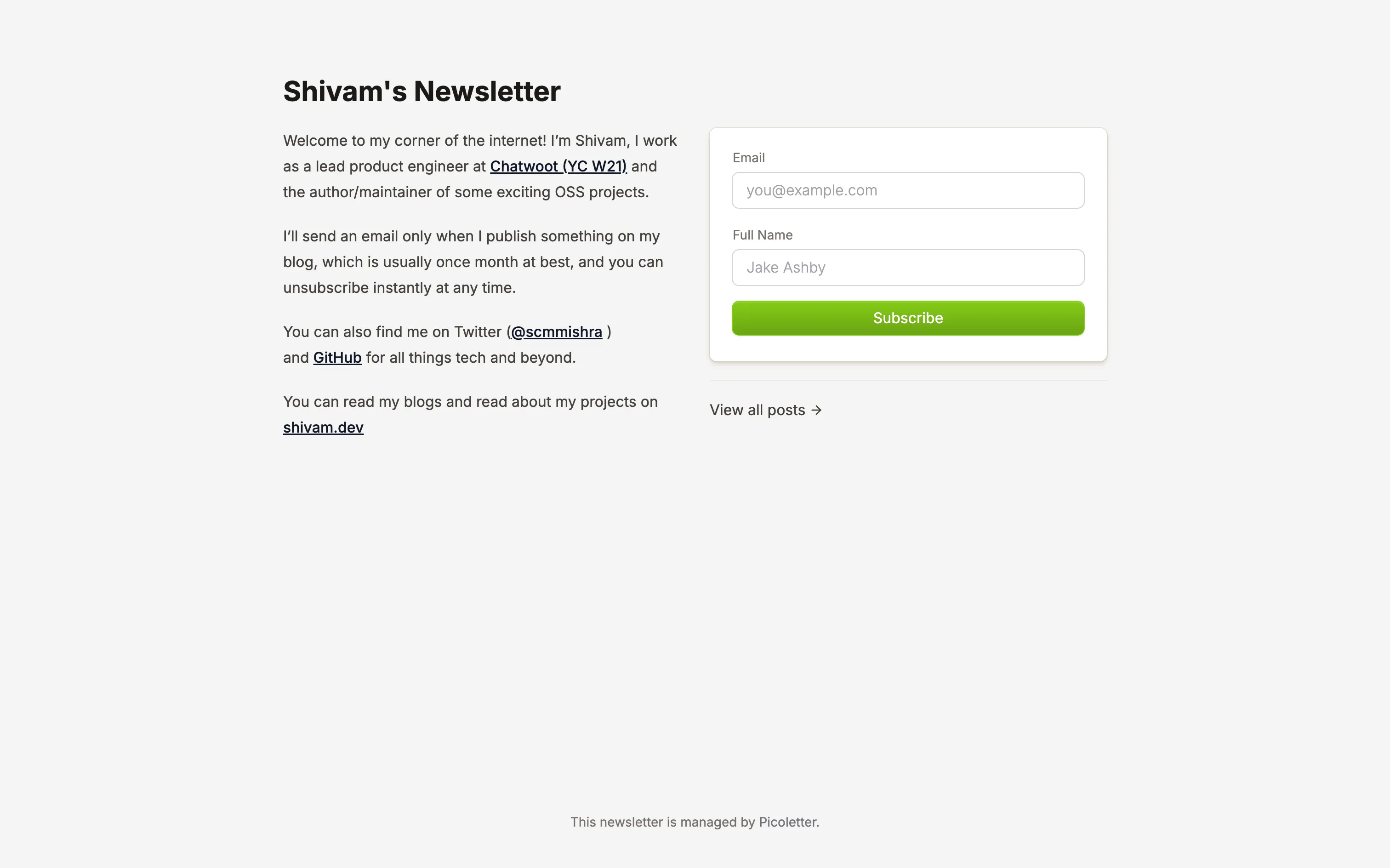 Public view of a newsletter on Picoletter