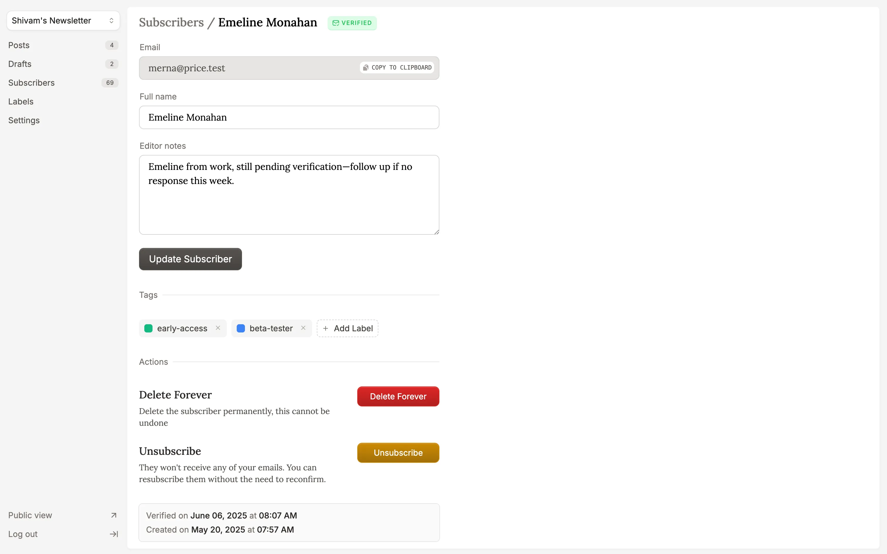 Subscriber management page